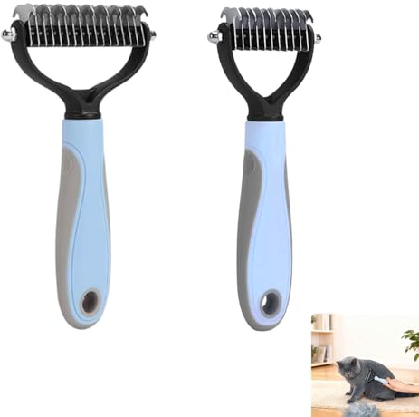 2 Piezas Peine Perro y Cepillo Gatos, Cepillo Perro 17 y 11 Dientes Deslanador Acero Inoxidable para Quitar Pelo Muerto Desenredar Nudos, Herramienta de Aseo Mascotas Pequeñas Medianas Grandes