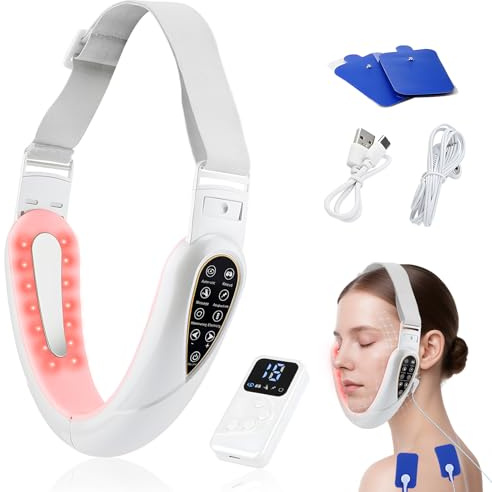 Elektrisches V-Face Shaping Massager,doppelkinn entferner 15 Intensitätsstufen 5 EMS Modi 5 Farben Phototherapie Gesichtsmassagegerät Gegen Falten Face Massager mit Fernbedienung, Typ-C