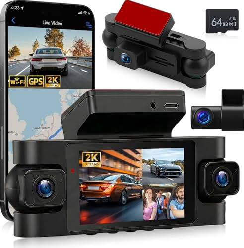 NHOPEEW Dash Cam 4 obiettivi 2K con controllo WiFi tramite app e GPS, dash cam con registrazione a 360° con visione notturna, sensore G, registrazione in loop + scheda TF da 64 GB