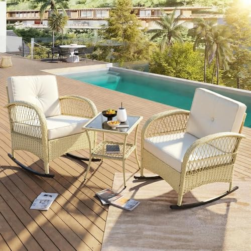 ECLIVON Conjunto de Jardin Exterior de Ratán para 2 Personas, 3 Piezas, Set Muebles Jardin con 2 Sillones y Mesa de Centro, Mecedora con Cojines, Juego de Muebles de Jardín para Terraza Patio (Beige)