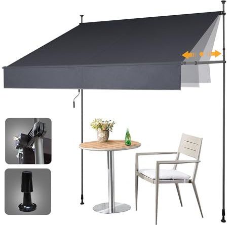 HOMEDEMO Klemmmarkise mit Einstellbare Handkurbel, Balkonmarkise ohne Bohren, Markise Sonnenschutz, UV-beständig & höhenverstellbar für Outdoor, Terrasse, Balkon, Garten, Dunkelgrau, 250 x 125-150 cm