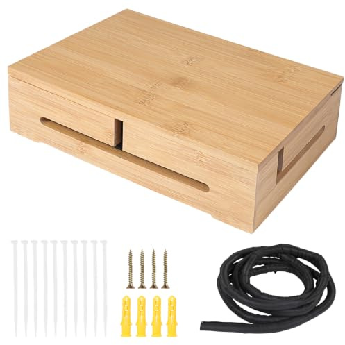 DBREAKS Kabelhanteringslåda, Kabellåda Av Trä, Kabelorganiseringslåda Med Magnetiskt Bambulock Och Buntband Och Kabelslang, Väggmonterad Kabellåda För Kabelarrangör (Bambu), 32 × 22 × 11 Cm