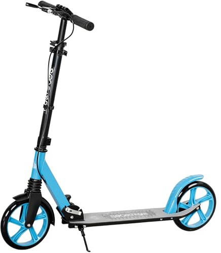HOMCOM Patinete Plegable para Adultos y Niños de +14 Años Scooter Ligero con Manillar Ajustable Grandes Ruedas Ø200 mm Amortiguador y Freno Aluminio Carga 100 kg 91,5x36,5x91-104 cm Azul