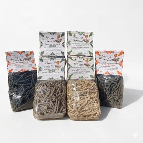 Box Pasta Siciliana Gourmet 3kg (6x500g) – Busiate al Pistacchio, Tumminia Integrale e Nero di Seppia – Trafilata al Bronzo – Selezione Artigianale Donna Sikelia