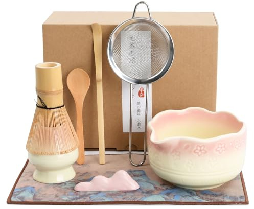 8 Pcs Ceramic Matcha Set, Complete Matcha Making Kit with Pouring Spout Bamboo Whisk and Holder, Traditional Tea Ceremony Starter Kit for Beginners Enthusiasts, Reusable Gift for Matcha Lover