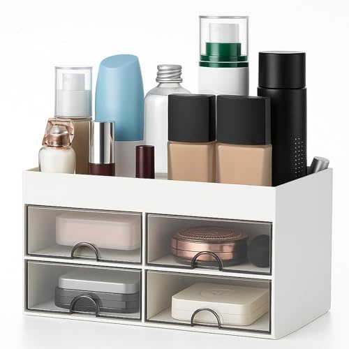 CaitongX Make-up Organizer mit Schubladen, 21 x 14,5 x 12,5 cm – Weißer Kosmetik-Organizer für Badezimmer, Schminktisch, Kommode und Waschtisch; transparenter Schubladen-Organizer