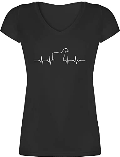 T-Shirt Damen V Ausschnitt - Herzschlag Pferd I Geschenk Pferde I - M - Schwarz - Pferde-Shirt pferdeliebhaber pferden Shirt Reiter Oberteile reiten tiermotiv Tshirt reitoberteile pferdespruch