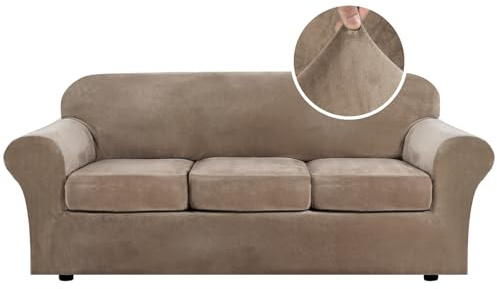 H.VERSAILTEX Modern Velvet Plush 4 Piece High Stretch Sofa Slipcover Strap Sofa Cover Furniture Protector Form Fit Luxury Thick Velvet Sofa Cover for 3 Cushion Couch Width Up to 90 Inch (Sofa, Camel)