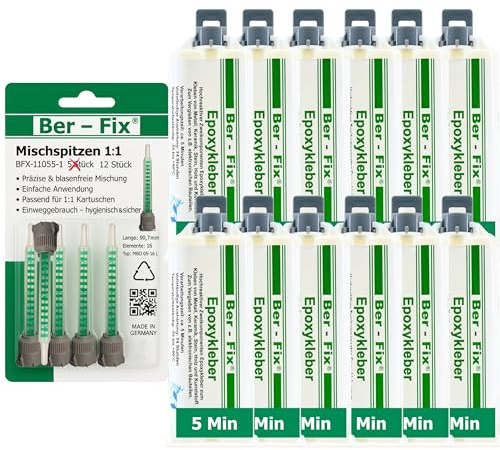 Ber-Fix 2K Epoxidkleber 5 Min 12x50g + 12 Düsen starre Epoxid Reparatur | 2K Epoxidkleber 5 Min 12x50g + 12 Mischdüsen starre Epoxid Reparatur: 2K Epoxidkleber für starre