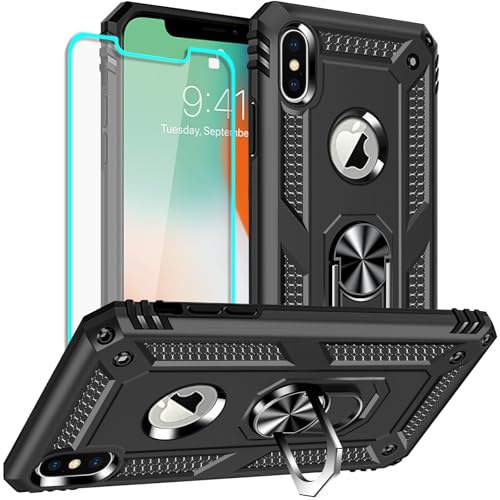 Yiakeng iPhone X Hülle, iPhone XS Hülle, mit Schutzfolie, Stoßfest Schutzhülle Mit Ring Standfunktion Case Cover für Apple iPhone X/Xs (Schwarz)