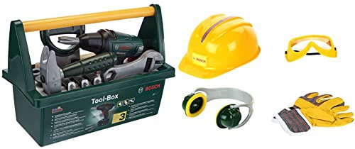 Theo Klein 8429 Bosch Werkzeug-Box | Mit Säge, Hammer, Zange und vielem mehr & 8537 Bosch Zubehör-Set | Hochwertige Arbeitshandschuhe, Brille, Ohrenschützer und Helm | Im Bosch-Design