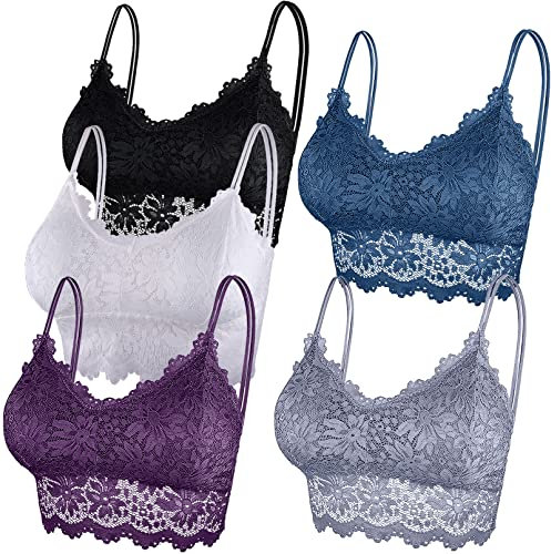 Duufin 5 Pieces Lace Bralette for Women Padded Bralettes Lace Bandeau Bra with Straps and Removable Pads, S-M