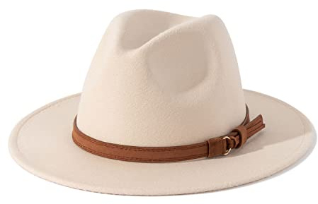 Lisianthus Men & Women Vintage Wide Brim Fedora Hat with Belt Buckle (A Buckle-Creamy, Large)