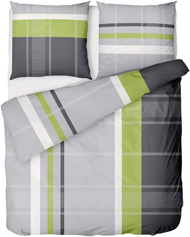 LINKHOFF Biber Bettwäsche 135x200 Grün Grau | 100% Baumwolle | Kuschelige Bettwäsche | Kissenbezug 80x80 + Bettbezug 135x200