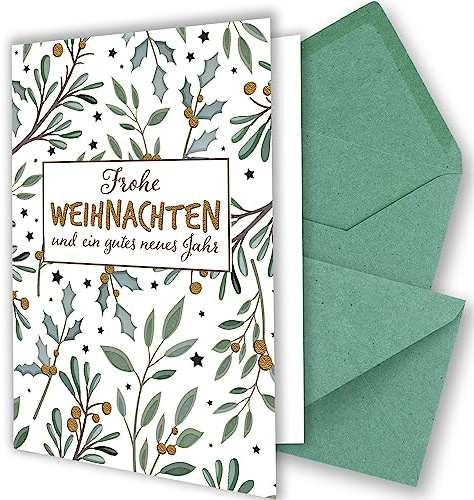 5x XL Weihnachtskarten-Set DIN A5 in Weiß mit Eukalyptus- und Mistelzweigen - Faltkarten mit Umschlägen DIN C5 Kraftpapier Eukalyptus mit Nassklebung - Weihnachtsgrüße für Firmen und Privat