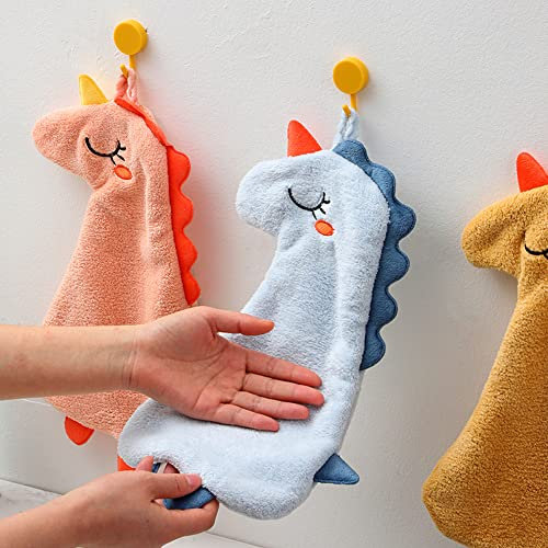 FenFang Kinderhandtuch, 3 Stück Weich Korallenvlies Handtücher Klein, Süßer Dinosaurier Kinder Hand Handtuch, Hängenden Schnell Trocknend Saugfähige Waschlappen für Küchen und Badezimmer (Blau)