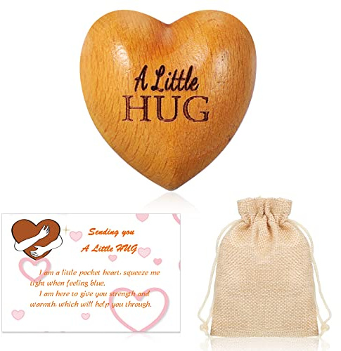 Otuuz Pocket Hug Gift Little Wooden Heart Ornament with Card and Drawstring Bag Sending Love Gifts for Women Couple Friend Anniversary Wedding Birthday(Hug,1.4 x 1.4 x 0.8)