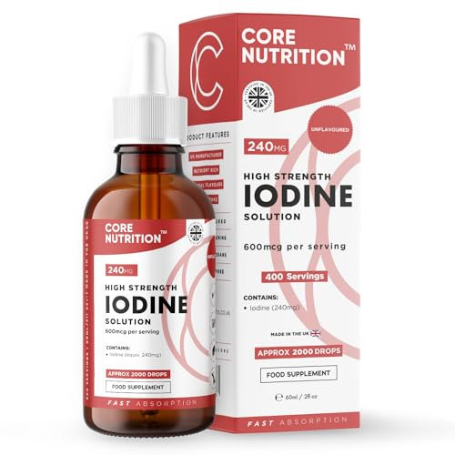 Iodine Liquid Drops - Vegan - High Strength 600mcg per Serving - 400 Servings - 240,000mcg per 60ml Dropper Bottle - Liquid Iodine Solution for Fast Absorption - Made in UK by Core Nutrition