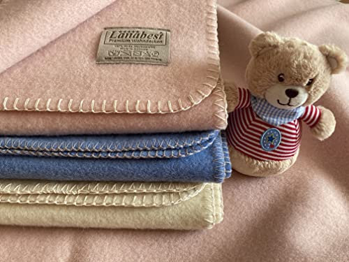 LANABEST Babydecke aus Deutscher Bio-Schurwolle Merino. Blau, rosa und weiß. Leicht wärmend und besonders atmungsaktiv. Geschenkqualität, fabrikfrisch. Größe ca. 75x 100 cm (Rosa)