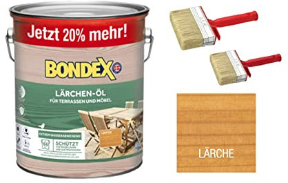 zbs24 Bondex Lärchen Öl 3 Liter, für Terrassendielen und Möbel, exellenter Wetter-und UV-Schutz, Schützt und Pflegt Hölzer im Aussenbereich inkl. 3 teiligem Pinselset