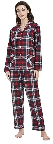 Amaxer Ensemble de Pyjamas Chauds en Flanelle pour Femmes 100% Coton Ensembles de Pyjamas d'automne et d'hiver, Carreaux Rouges et Bleus avec Fil Blanc, XL