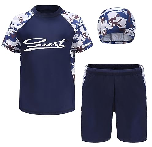 PUPYGIYUC Boys Swimsuits Kids 3PCS Rash Guard Sets with Hat UPF50+ Short Sleeve Swimwear Sets 9-10 Years for Boys Blue 5XL