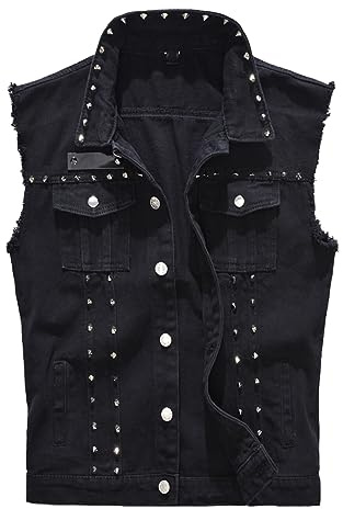 AIEOE Giacca di jeans senza maniche da uomo, casual, in denim, da cowboy, con risvolto, smanicato, hip hop, streetwear, outwear con tasche, Nero , S
