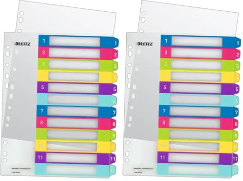 Leitz Register für A4, PC-beschriftbares Deckblatt und 12 Trennblätter, Taben mit Zahlenaufdruck 1-12, Überbreite, Mehrfarbig, Polypropylen, WOW, 12440000 (Packung mit 2)