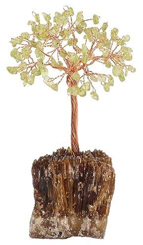 mookaitedecor Natural Peridot Green Healing Crystal Tree on Amber Calcite Cluster Base Feng Shui Money Tree Ornament for Home, Semi Precious Gemstone Bonsai Tree Raw Crystal Gift Reiki Room Decor