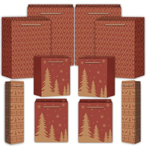 PANSIBY Geschenktüten Weihnachten, 10 Stück Weihnachtstüten mit Tragegriff, Tüten aus Braun Kraftpapier, Rote Weihnachtstaschen in Vielen Größen
