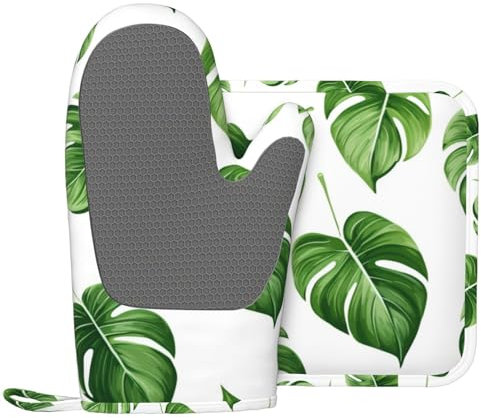 Set di guanti da forno e presine con stampa di foglie verdi, guanti in silicone per cucina e cottura