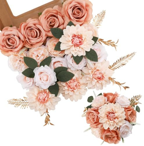 Kisflower Champagne Artificial Flower Combo Fake Rose Faux Dahlia Flowers with Stems for DIY Wedding Bridal Bouquet Party Home Decorations (champagne)