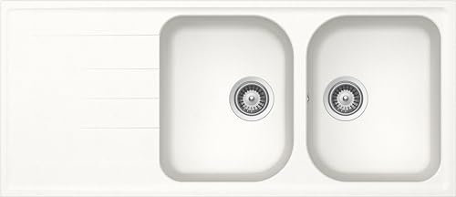 SCHOCK | Lavello Cucina Lithos D200 2 Vasche con Gocciolatoio, Vasca Reversibile, Materiale Cristalite®, Bianco Assoluto, 1160x500mm