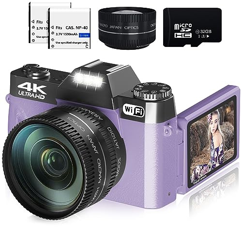 Digitalkameras für Fotografie, 4K 48MP Vlogging-Kamera, 16-facher Digitalzoom, manueller Fokus, wiederaufladbar, Studenten, Kompaktkamera mit 52 mm Weitwinkel- und Makroobjektiv, 32 G TF-Karte und 2