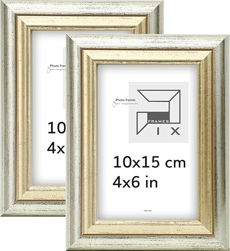 Pix FRAMES Bilderrahmen 10x15 cm - Set x2 Fotorahmen Holz mit Plexiglas | Retro Rahmen zum Aufhängen und Aufstellen - Gealterter Fotorahmen - Silber-Gold