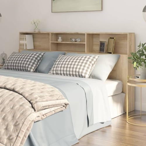 Coavain Kopfteil Holzwerkstoff 200x19x103,5 cm Sonoma-Eiche Feuchtigkeitsbeständigkeit Auszeichnet Kopfteil-Regal Modernes Design Zusätzlicher Stauraum Bücher und Dekoration Aufbewahren