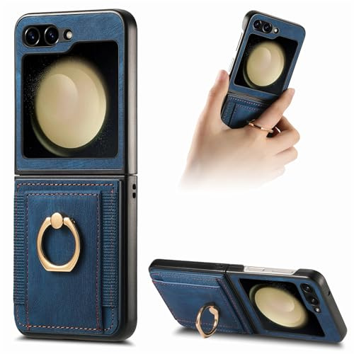 Knoowcase for Samsung Galaxy Z Flip 6 Case Samsung Z Flip 6 Phone Case Wallet Shockproof Bumper with Ring Holder Card Slots PU Leather Cover Anit-Fall Anti-Drop Kickstand Back, Blue