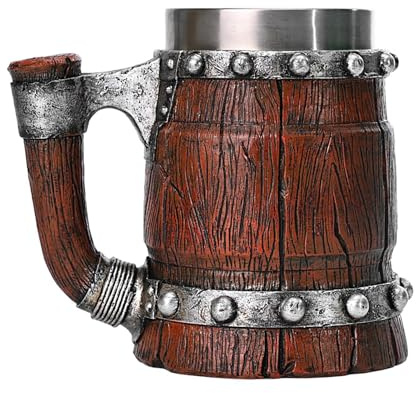 Boccale da birra in botte di legno - Boccale da birra vichingo da 600 ml | Tazza gotica in acciaio inossidabile | Tazza per bicchieri fatta a mano | Tazza da viaggio gotica a doppia parete | Tazza da