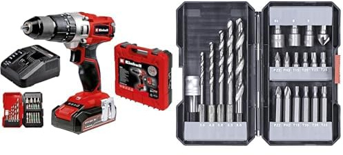 Einhell Taladro percutor con batería de 2,5Ah TE-CD 18/2 Li +22 (1x2,5 Ah) PXC (18 V, 44 Nm, engranaje de 2 veloc., cargador rápido, caja de puntas de 22 piezas y maletín) + Kit de brocas/ puntas