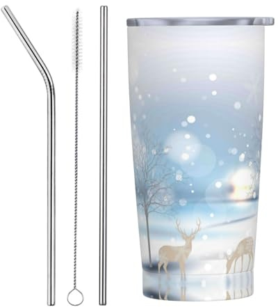 VOSERY Botella de agua de 20 onzas con tapa y popote, vaso aislado de ciervo de Navidad, vasos de acero inoxidable, taza de café de viaje, vaso personalizado