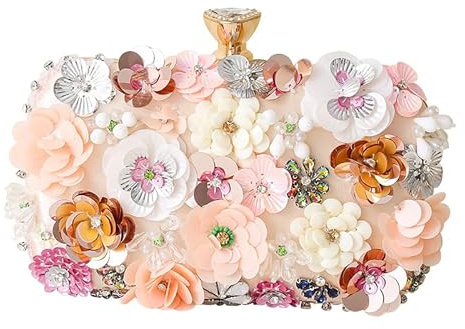 getuse Damen Blumen Abendtasche Bankett Abschlussball Clutch Braut Hochzeit Handtasche (zwei Längen mit Umhängeband erhältlich), Champagner