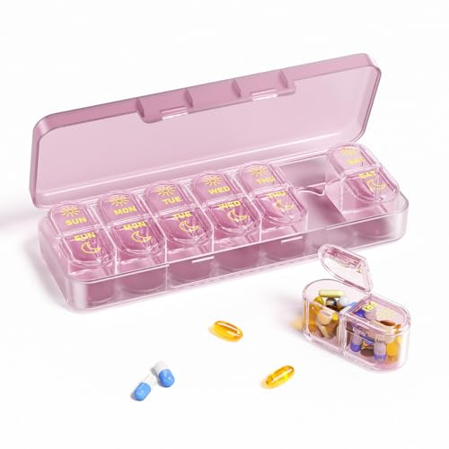 Daviky Pillendose 7 Tage, Tablettenbox 7 Tage Morgens Abends, Wöchentliche Medikamentenbox, Premium Pillenbox 7 Tage, Reise Pill Box 7 Tage, Supplement Box für Vitamine, Fischöle & Kapseln