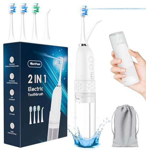 Marchpower Brosse à Dent Electrique Sonique avec Jet Dentaire Portable 2 en 1 - Kit Voyage Hydropulseurs et Irrigateurs pour Adultes - 3+4 Modes de Nettoyage - 4 Têtes de Rechange - IPX7 Etanche