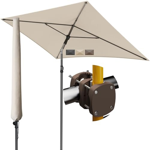 Menz Sonnenschirm Balkon - 3-IN-1 Sonnenschutz Balkon SET in Beige, UPF 50+ Sonnenschirm rechteckig 200 x 125cm + kompakter Sonnenschirmhalter Balkongeländer + Sonnenschirmhülle