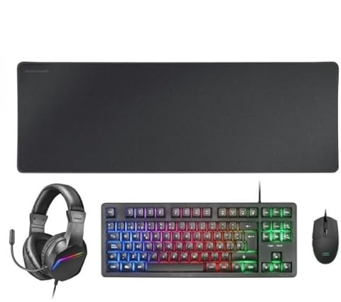 Combo Gaming 4 en 1 - Teclado TKL mecánico, ratón RGB 3200 dpi, Auriculares con cancelación de Ruido, Alfombrilla XXL Antideslizante. Color Negro.