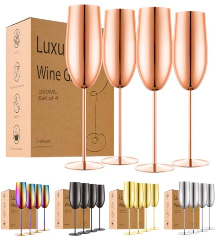UNISWEET Champagnerflöten aus Edelstahl, 4er-Set, Hochzeits- und Geburtstagsgeschenke, unzerbrechliches Champagnerglas mit langem Stiel, wiederverwendbar, für drinnen und draußen, 240 ml, Roségold
