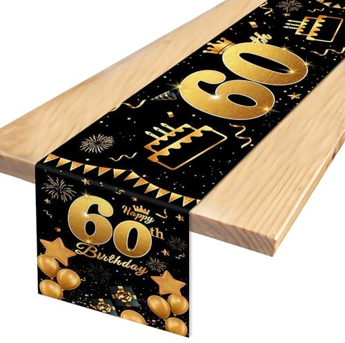 TaimeiMao Tischläufer 60 Geburtstag Schwarz Gold,180 x 35 cm | Happy 60th Birthday Tischband,Geburtstagsbanner 60 Jahre,Happy Birthday 60 Tischdecke fürJahrestag Geburtstag PartyDekoration