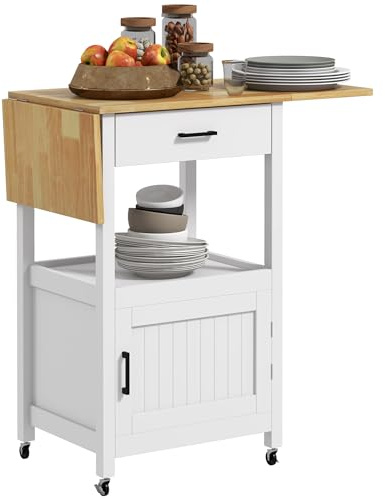 HOMCOM Chariot de Service desserte de Cuisine à roulettes avec Plateau Pliable, tiroir, étagère et Armoire à 2 Portes Meuble de Rangement en Bois 59,5L x 45,5l x 89H cm Blanc