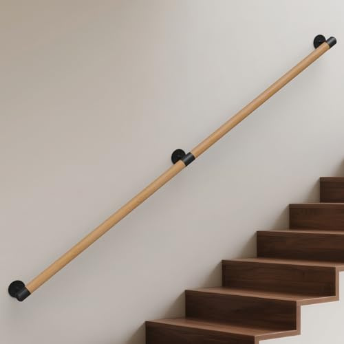 Gorssen Main Courante en Bois, Rampe d'escalier Bois en Hêtre Ronde 3.5cm Poignée de Sécurité Barre d'escalier avec Support Intérieur Murale Balustrade pour Handicapée/Personnes âgées (Beech, 150cm)