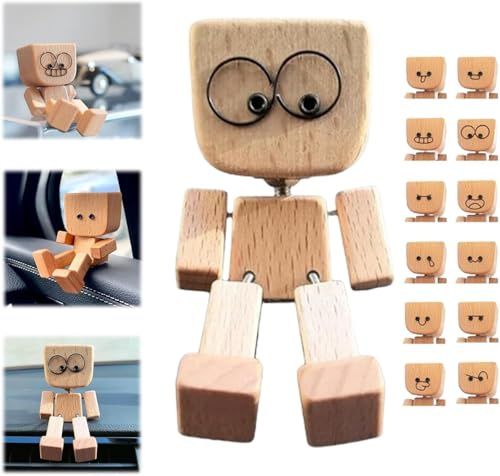 Wackelnde Holzfiguren, Charmante Kleine Holzfigur, Handgefertigte Holz-Auto-Ornamente Actionfiguren, Lustige Wackelkopf-Autodekoration, Mit 12 Magnetischen Gesichtsausdrücke (#A, 12 Zubehörteile)